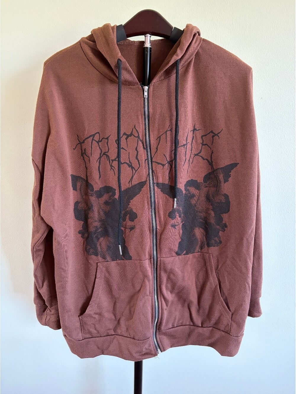 Brown Gothic Angel Cherub Graphic Zip Hoodie Women’s Medium Y2K Grunge